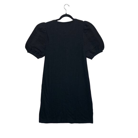 Chico's Textured Puff Sleeve Mini Dress Womens Sz 2 (L) Black Modal Quiet Luxury - Picture 2 of 6